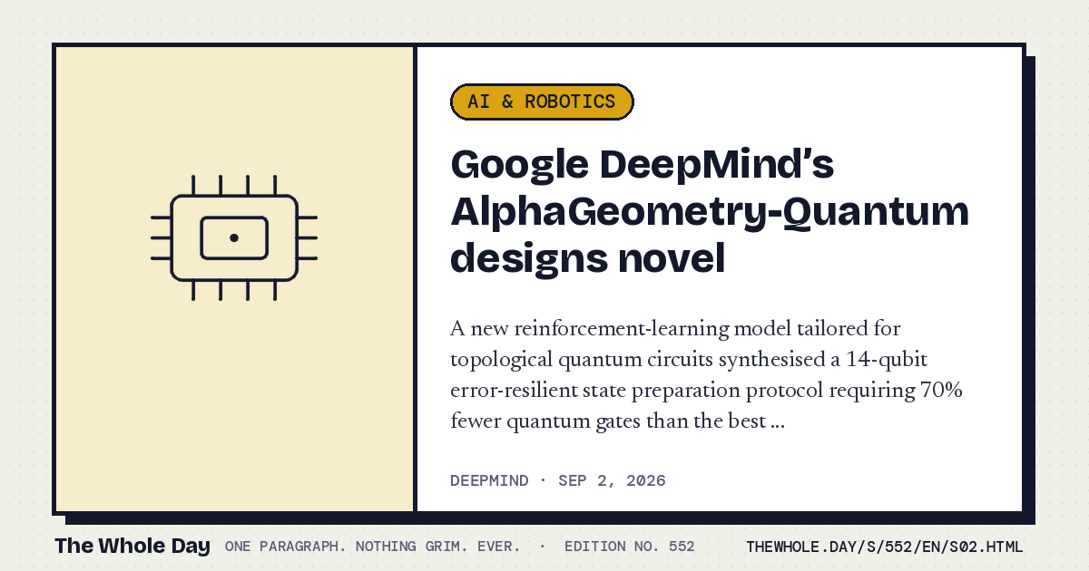 A story card from The Whole Day: Google DeepMind’s AlphaGeometry-Quantum designs novel room-temperature quantum algorithm in seconds