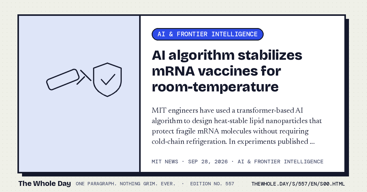 A story card from The Whole Day: AI algorithm stabilizes mRNA vaccines for room-temperature storage