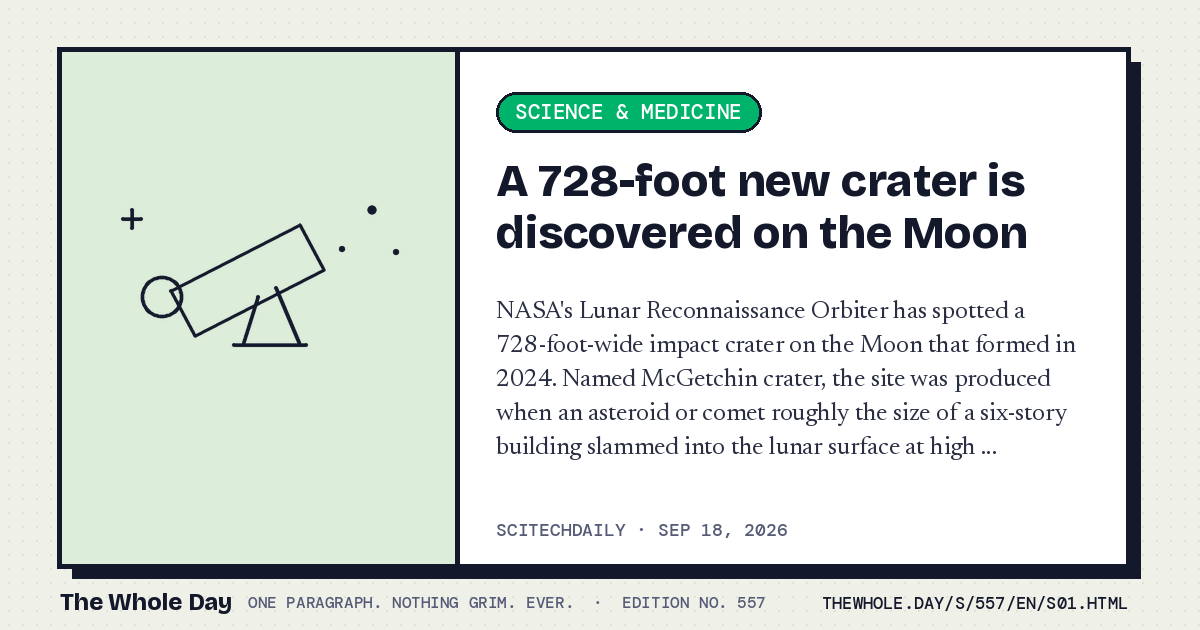 A story card from The Whole Day: A 728-foot new crater is discovered on the Moon