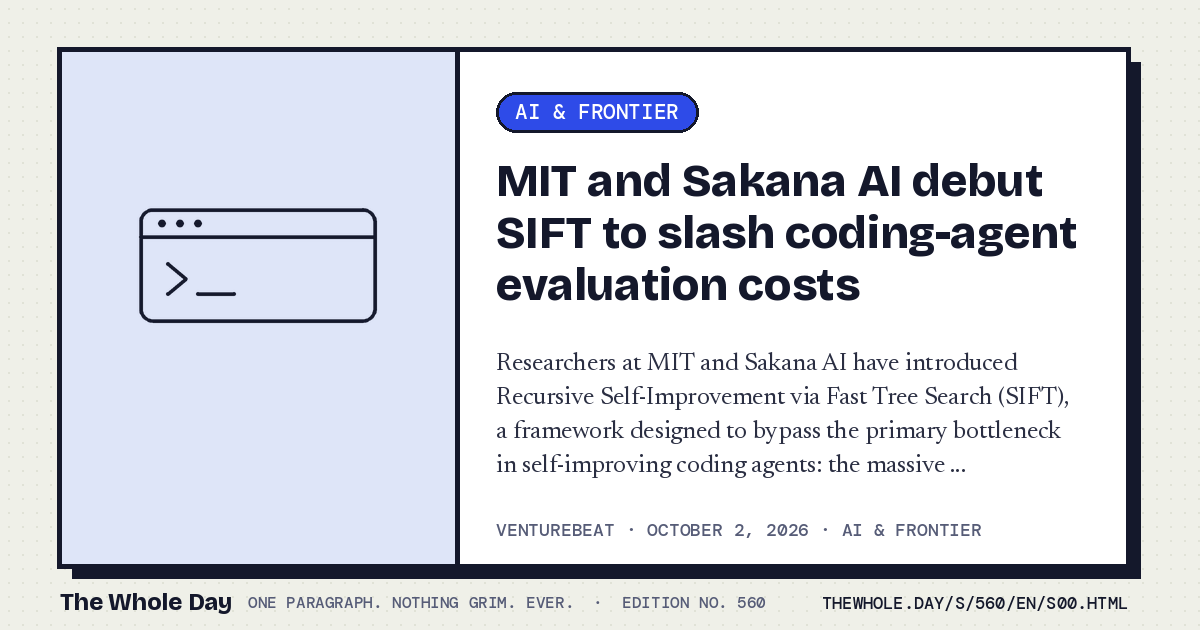 A story card from The Whole Day: MIT and Sakana AI debut SIFT to slash coding-agent evaluation costs