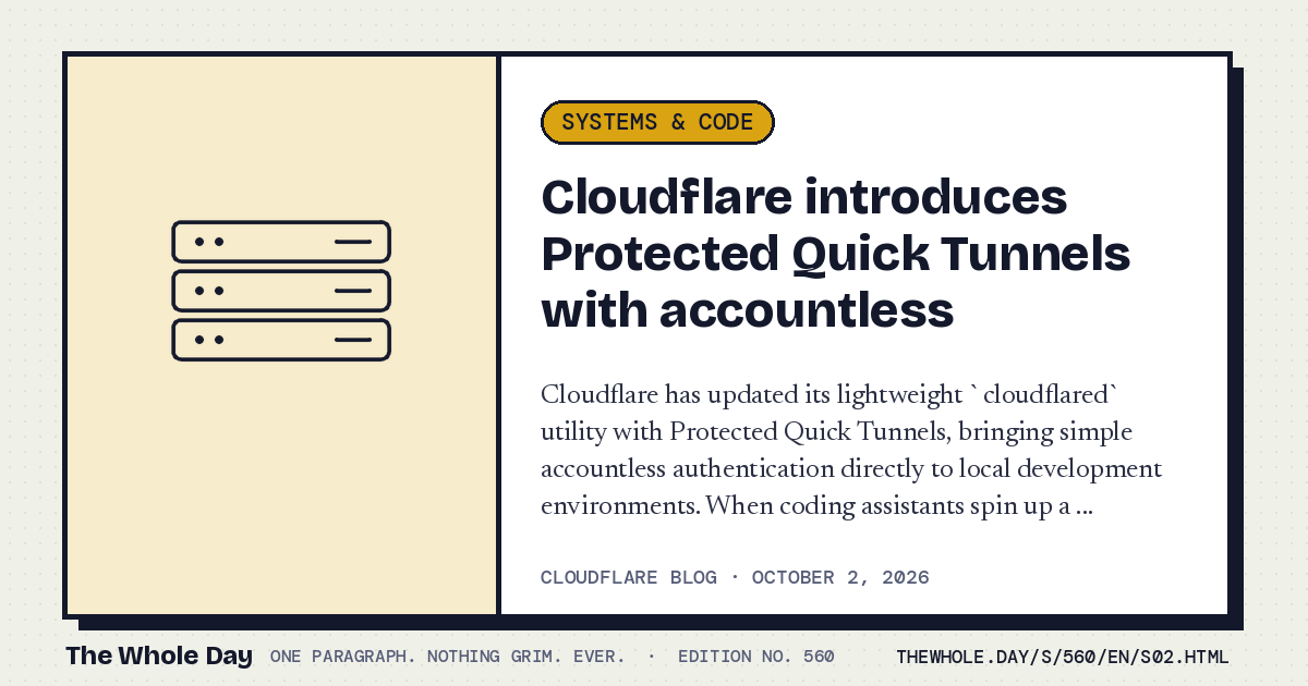 A story card from The Whole Day: Cloudflare introduces Protected Quick Tunnels with accountless authentication